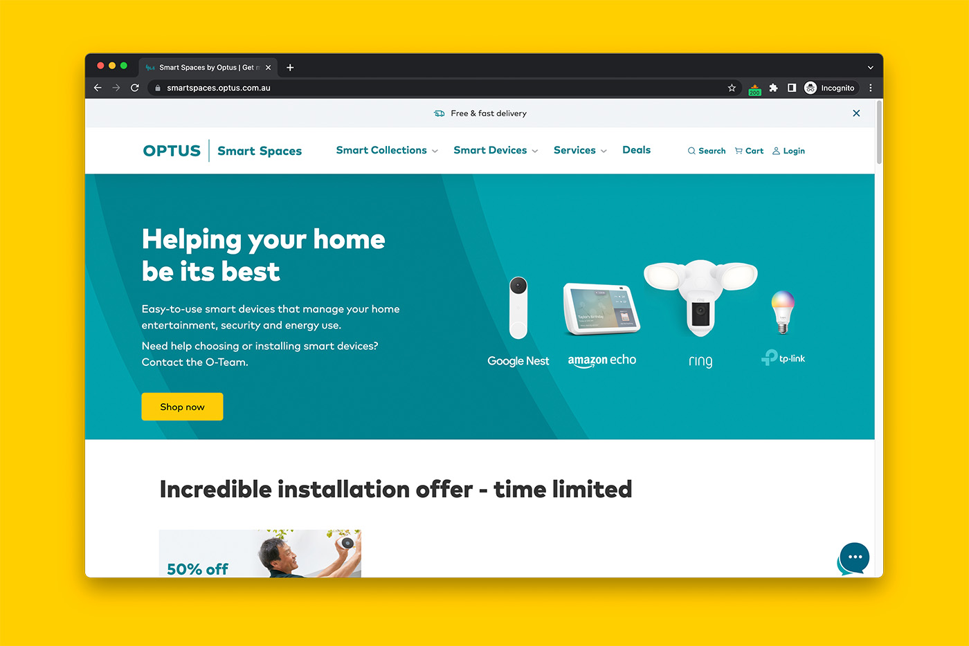 Screenshot of Optus Smart Spaces homepage.